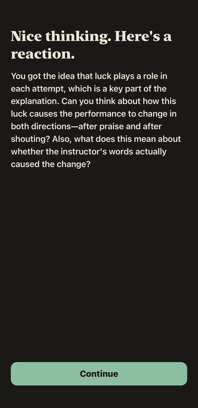DidRead's Feedback screen on an iPhone. Under the heading “Nice thinking. Here's a reaction.”, a short reaction names what the reader got right, that luck plays a role in each attempt, and asks how that luck explains the change, with a Continue button below.